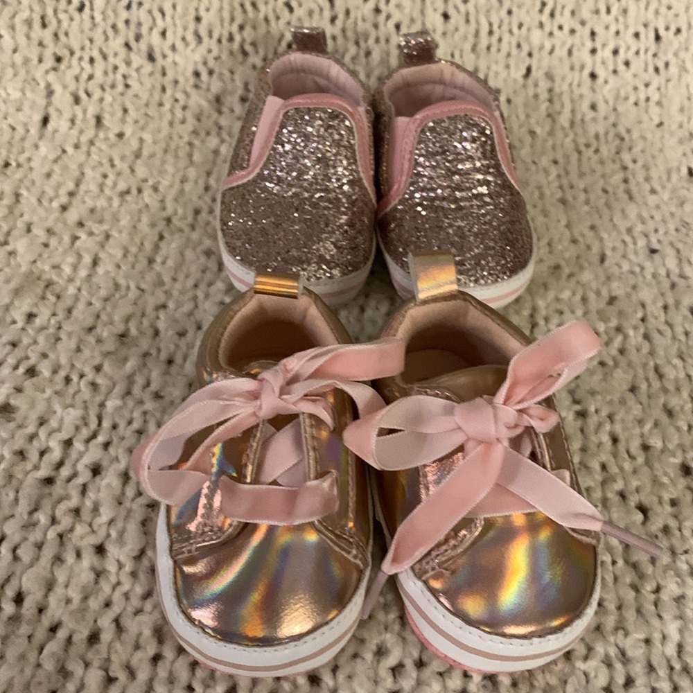 2 pairs of Pink and Gold infant shoes, size 1.